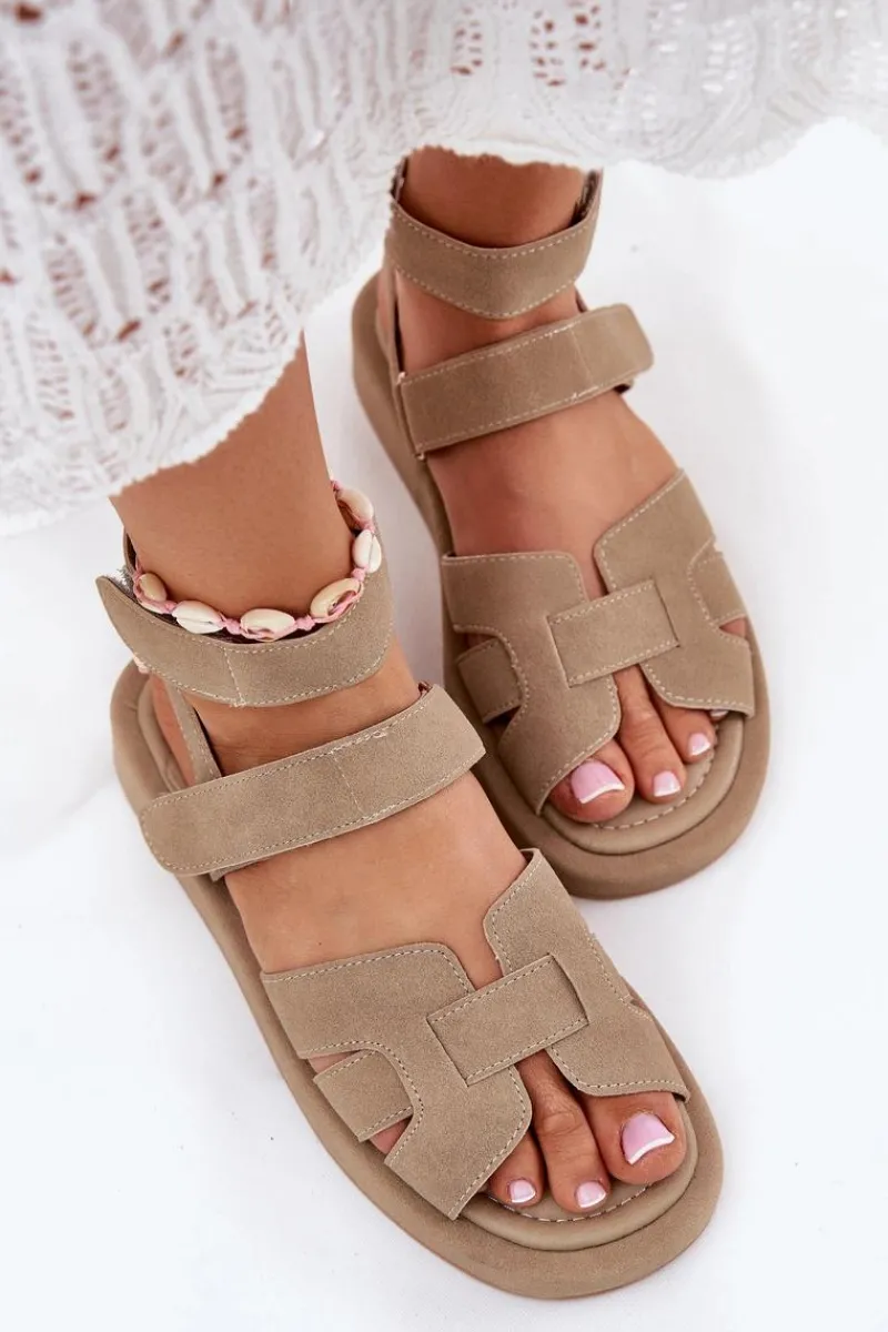 Sandały Płaskie>Boto Sandały Damskie Z Rzepami Khaki Uvissa Beżowy