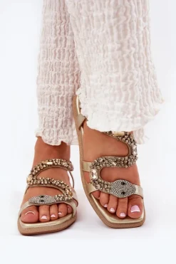 Best Sandały Damskie Ze Zdobieniem Wąż Eko Skórzane 56C1362 Złote Damskie Sandały Płaskie