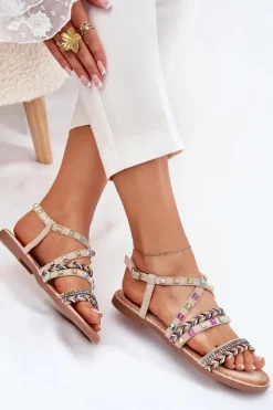 New Boto Sandały Damskie Ze Zdobieniem I Plecionymi Paskami Beżowe Delyra Beżowy