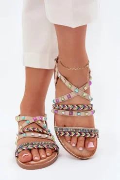 New Boto Sandały Damskie Ze Zdobieniem I Plecionymi Paskami Beżowe Delyra Beżowy