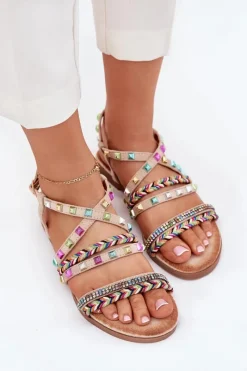 New Boto Sandały Damskie Ze Zdobieniem I Plecionymi Paskami Beżowe Delyra Beżowy