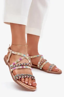New Boto Sandały Damskie Ze Zdobieniem I Plecionymi Paskami Beżowe Delyra Beżowy