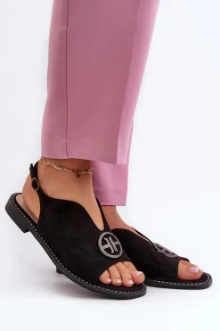 New Sandały Damskie Ze Złotą Ozdobą Eko Zamszowe S.Barski KV27-059 Czarne Damskie Sandały Płaskie