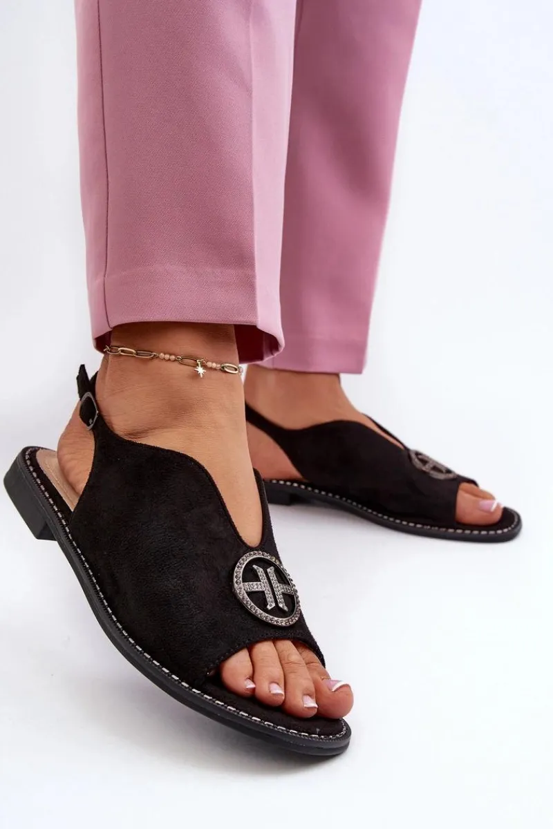 New Sandały Damskie Ze Złotą Ozdobą Eko Zamszowe S.Barski KV27-059 Czarne Damskie Sandały Płaskie