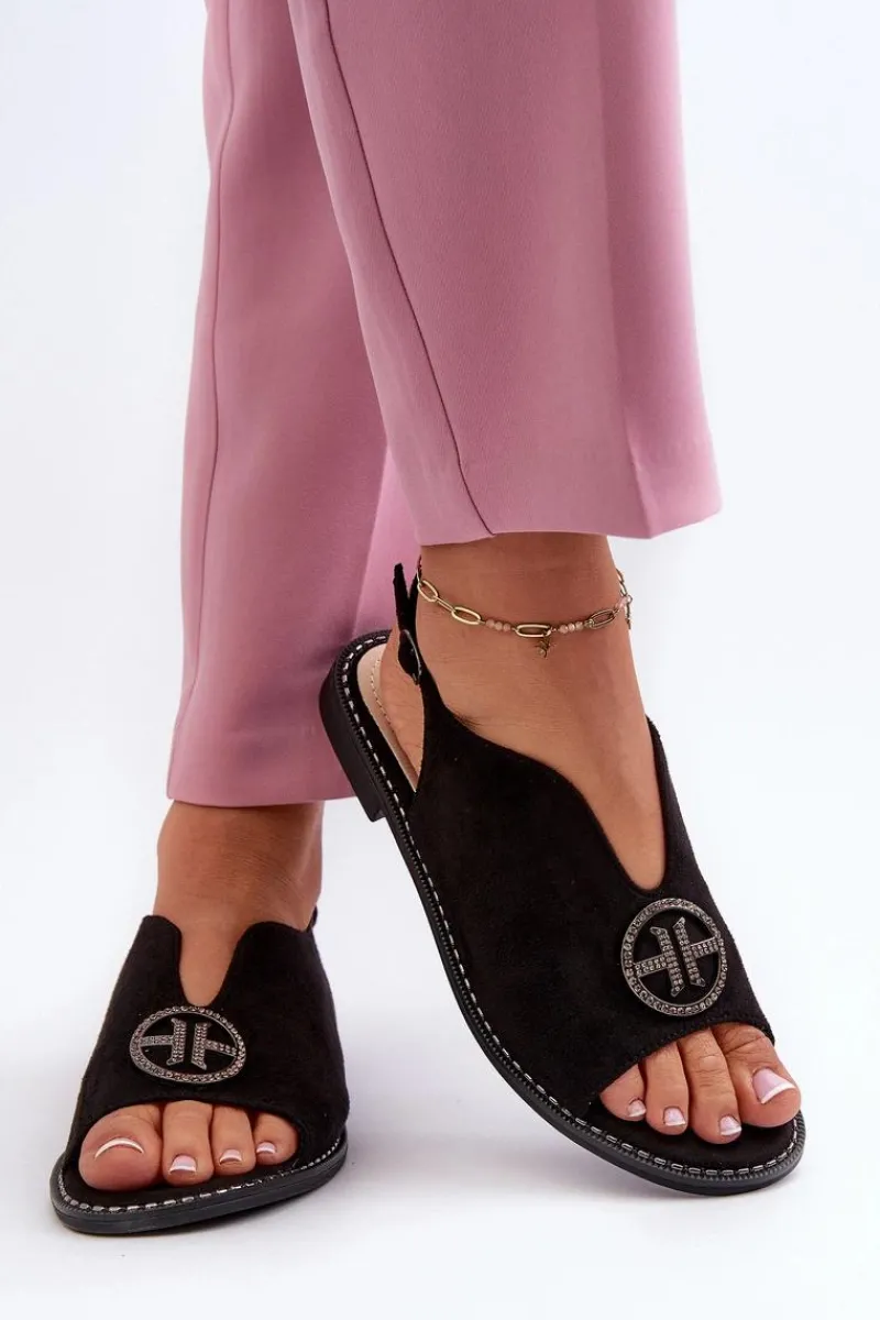 New Sandały Damskie Ze Złotą Ozdobą Eko Zamszowe S.Barski KV27-059 Czarne Damskie Sandały Płaskie