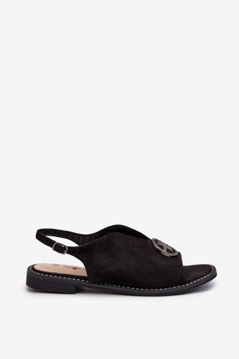 New Sandały Damskie Ze Złotą Ozdobą Eko Zamszowe S.Barski KV27-059 Czarne Damskie Sandały Płaskie