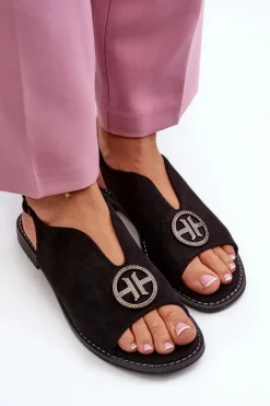 New Sandały Damskie Ze Złotą Ozdobą Eko Zamszowe S.Barski KV27-059 Czarne Damskie Sandały Płaskie