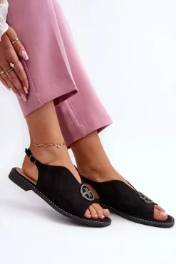 New Sandały Damskie Ze Złotą Ozdobą Eko Zamszowe S.Barski KV27-059 Czarne Damskie Sandały Płaskie