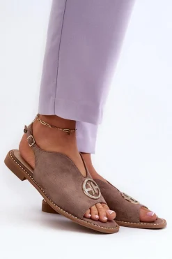 Sandały Płaskie>Damskie buty S.Barski Sandały Damskie Ze Złotą Ozdobą Eko Zamszowe S.Barski KV27-059 Brązowe