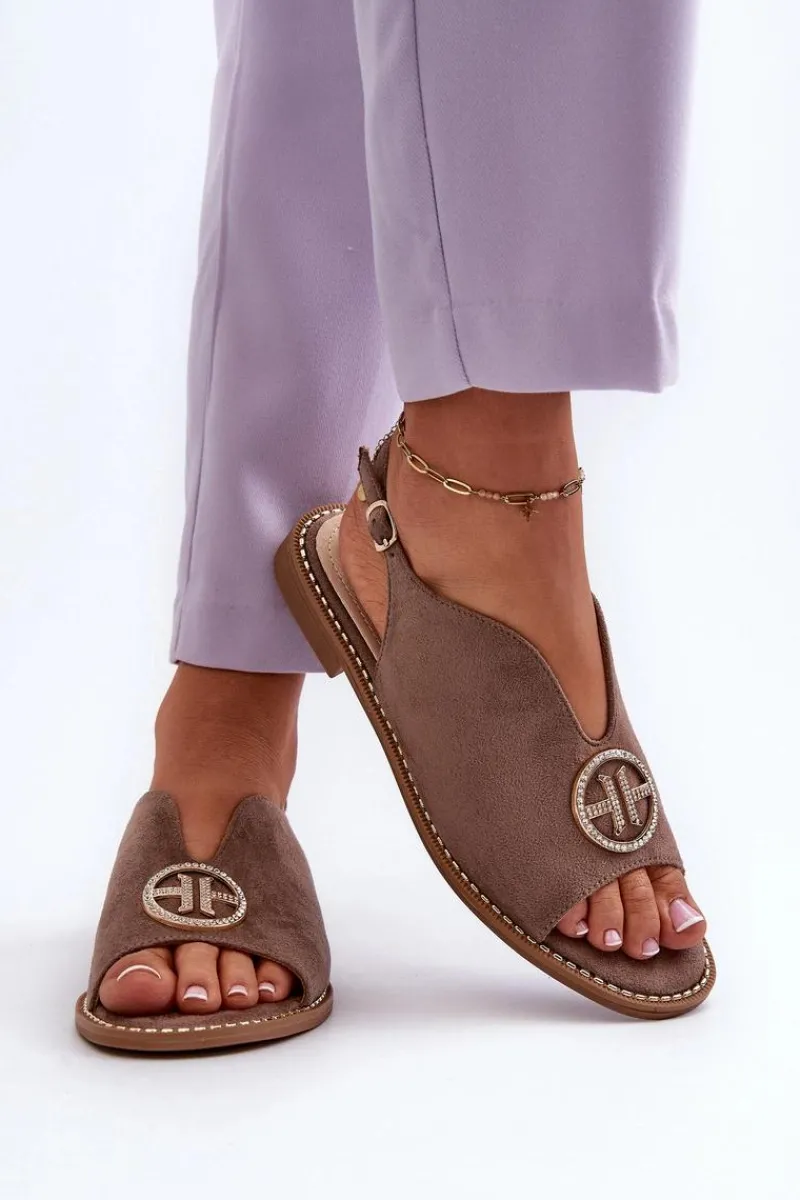 Sandały Płaskie>Damskie buty S.Barski Sandały Damskie Ze Złotą Ozdobą Eko Zamszowe S.Barski KV27-059 Brązowe