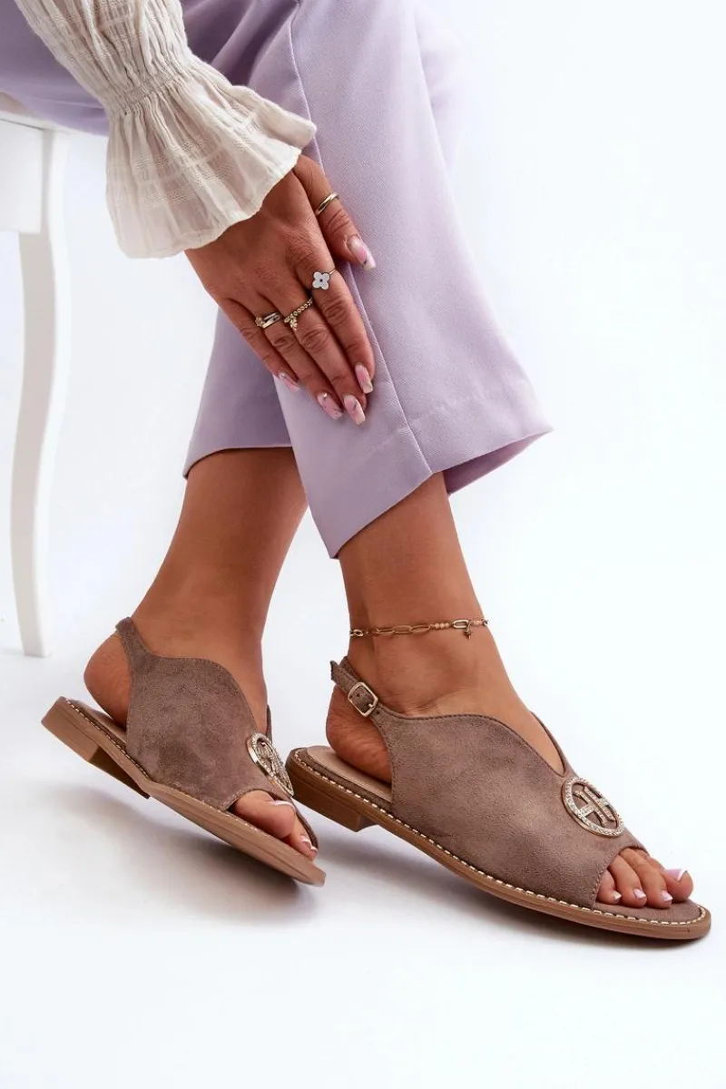 Sandały Płaskie>Damskie buty S.Barski Sandały Damskie Ze Złotą Ozdobą Eko Zamszowe S.Barski KV27-059 Brązowe