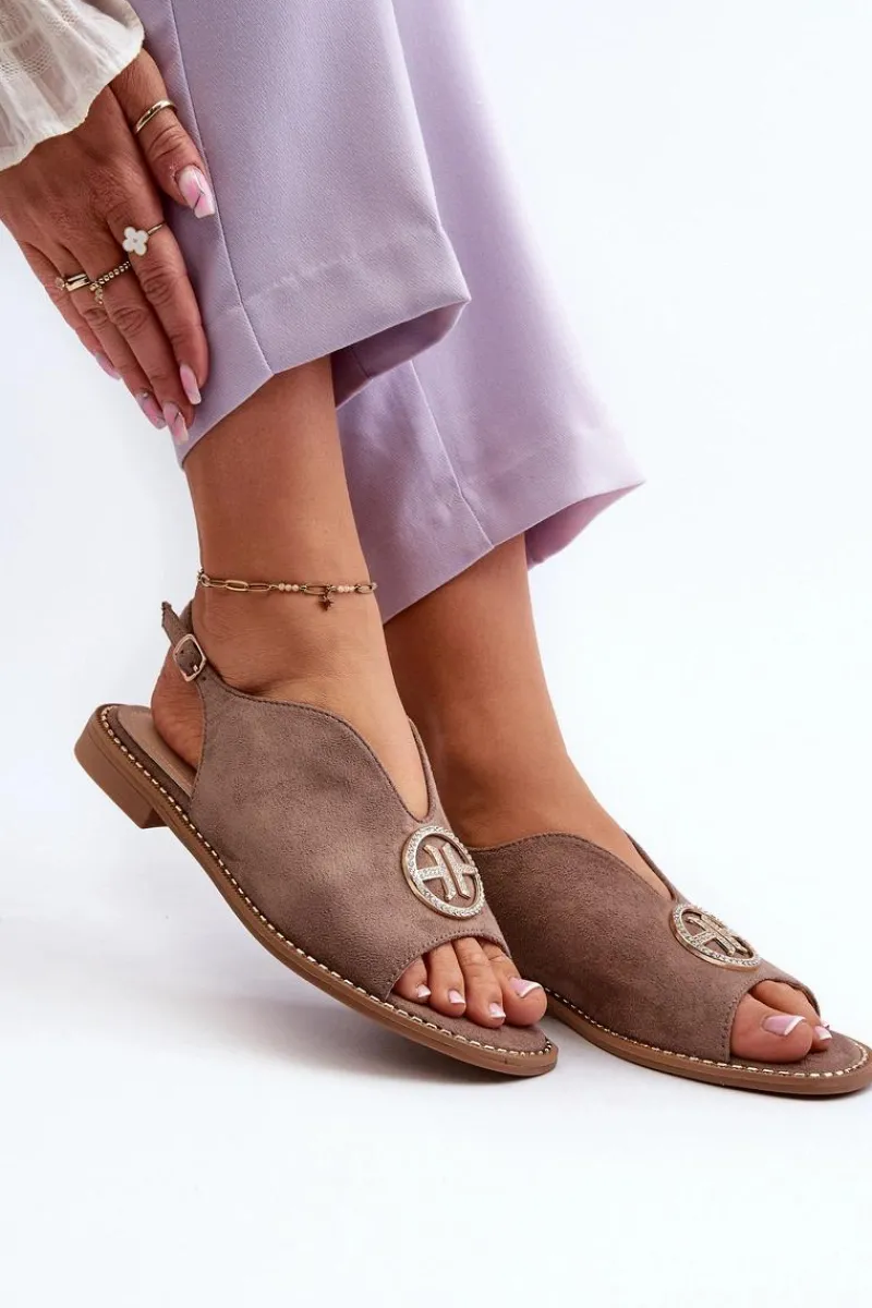 Sandały Płaskie>Damskie buty S.Barski Sandały Damskie Ze Złotą Ozdobą Eko Zamszowe S.Barski KV27-059 Brązowe