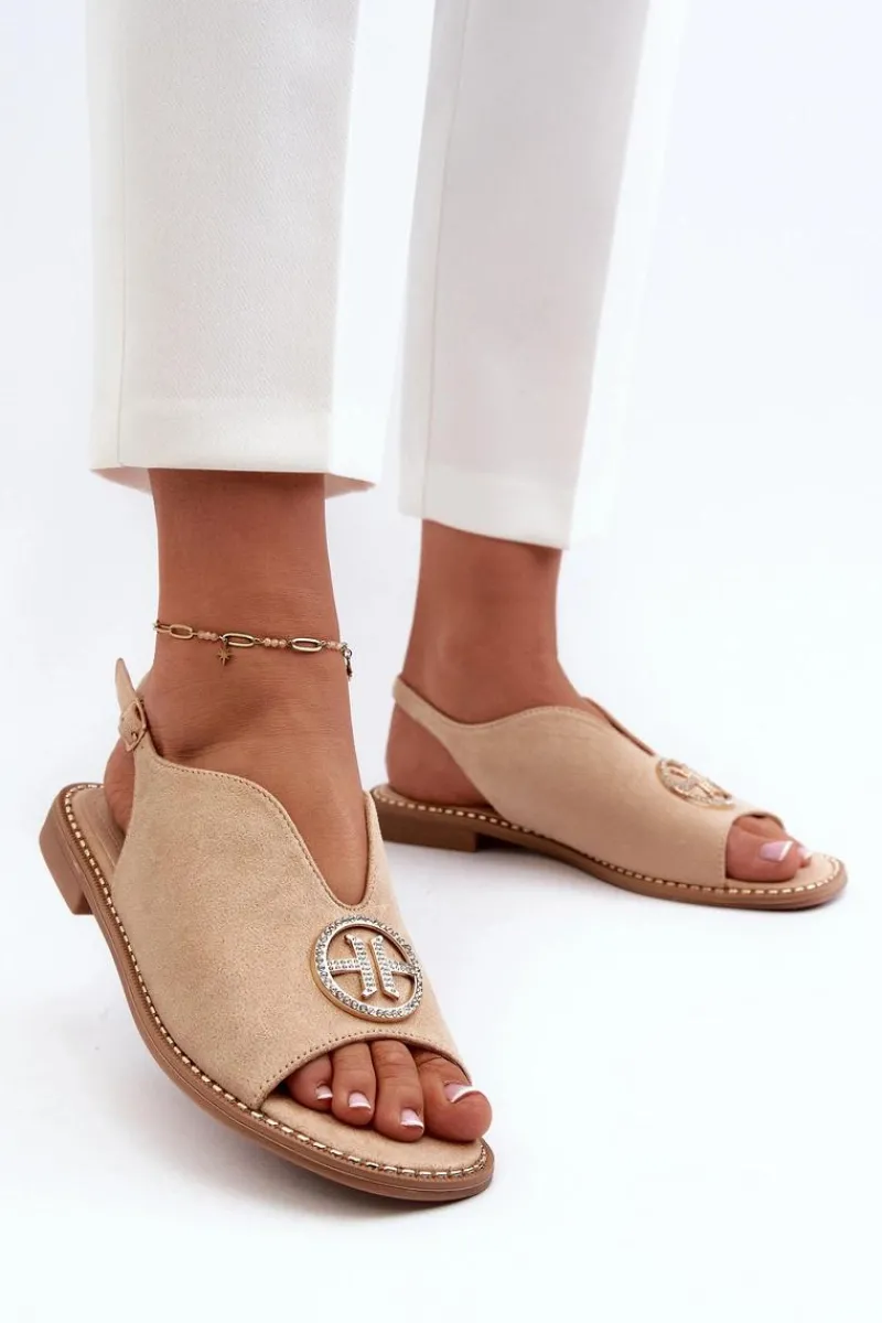 Best Sandały Damskie Ze Złotą Ozdobą Eko Zamszowe S.Barski KV27-059 Beżowe Damskie Sandały Płaskie