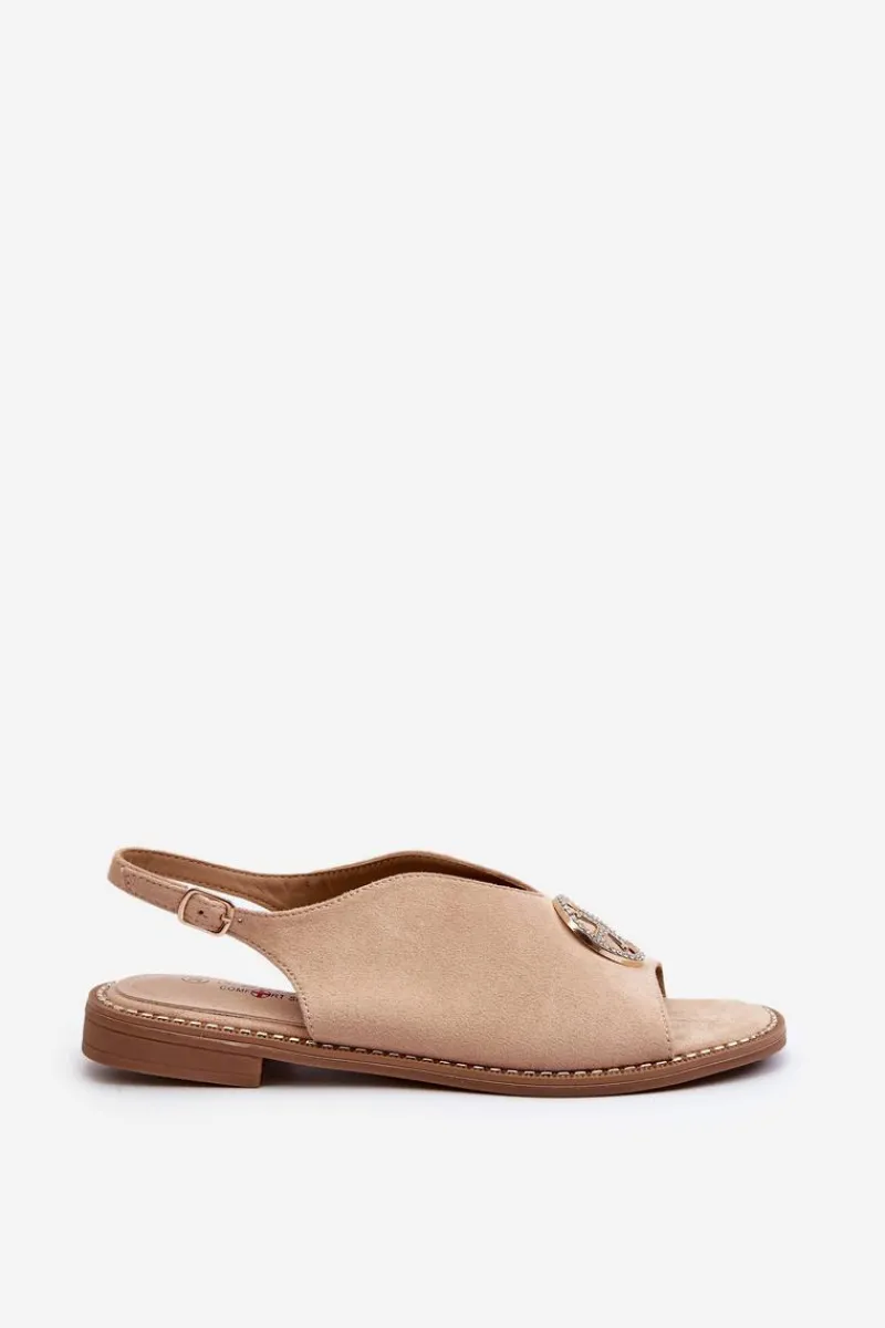 Best Sandały Damskie Ze Złotą Ozdobą Eko Zamszowe S.Barski KV27-059 Beżowe Damskie Sandały Płaskie