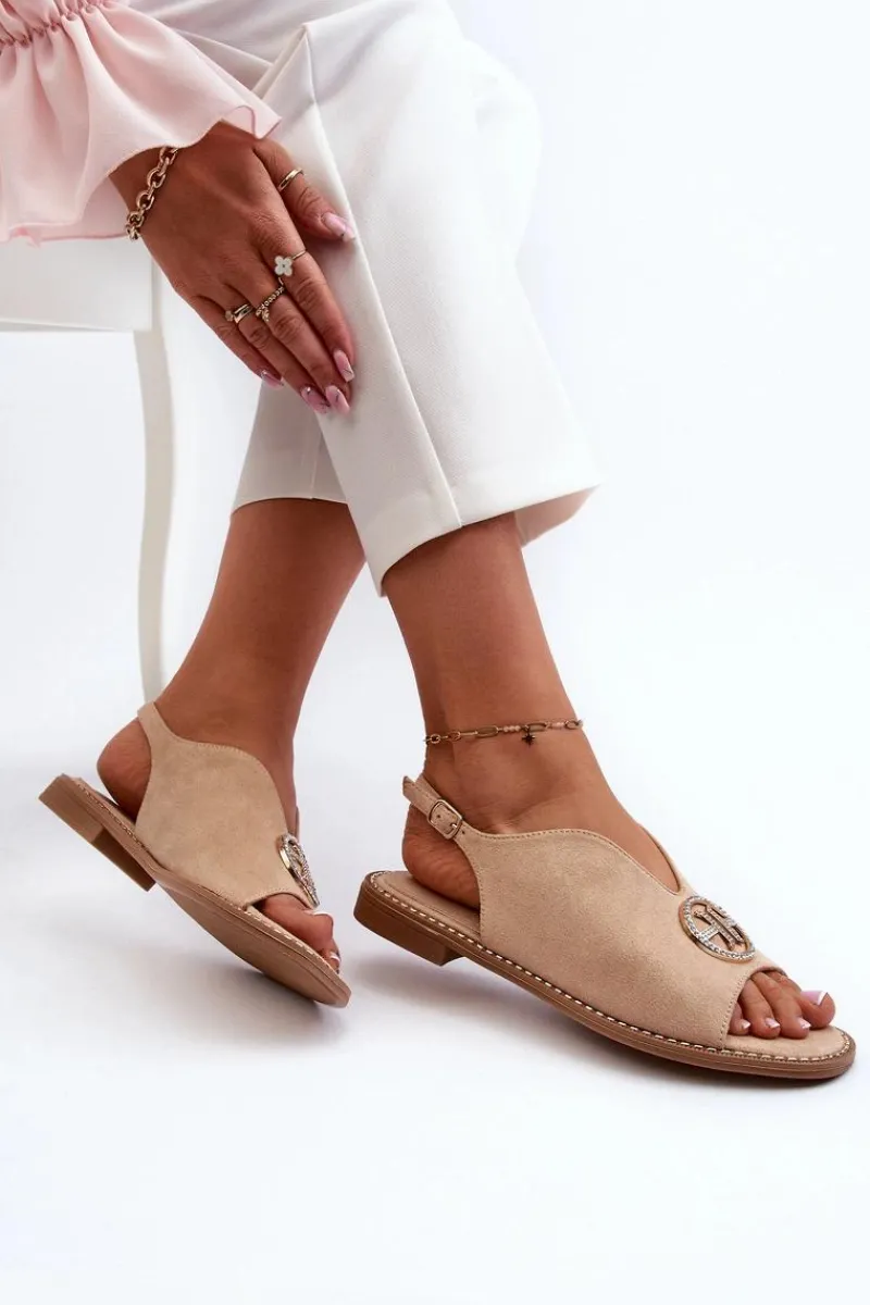 Best Sandały Damskie Ze Złotą Ozdobą Eko Zamszowe S.Barski KV27-059 Beżowe Damskie Sandały Płaskie