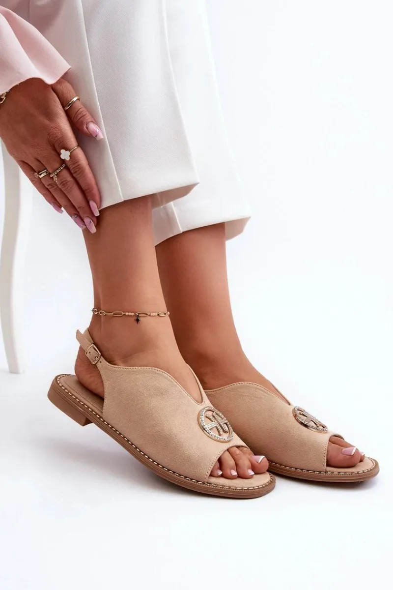 Best Sandały Damskie Ze Złotą Ozdobą Eko Zamszowe S.Barski KV27-059 Beżowe Damskie Sandały Płaskie
