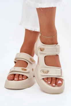 New Sandały Damskie Ze Złotymi Detalami Beżowe Luvira Damskie Sandały Płaskie