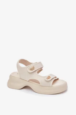 New Sandały Damskie Ze Złotymi Detalami Beżowe Luvira Damskie Sandały Płaskie