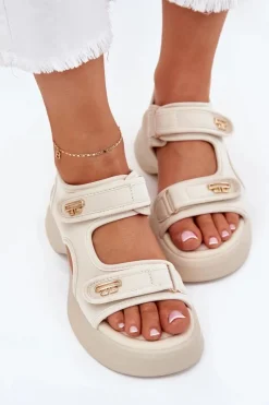 New Sandały Damskie Ze Złotymi Detalami Beżowe Luvira Damskie Sandały Płaskie