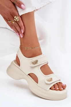 New Sandały Damskie Ze Złotymi Detalami Beżowe Luvira Damskie Sandały Płaskie