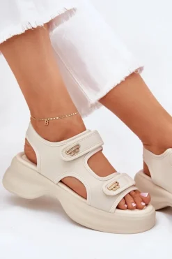 New Sandały Damskie Ze Złotymi Detalami Beżowe Luvira Damskie Sandały Płaskie