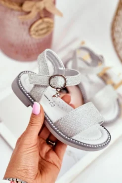 Dziewczęce>Boto Sandały Dziecięce na Rzepy Srebrne Brokat Verden