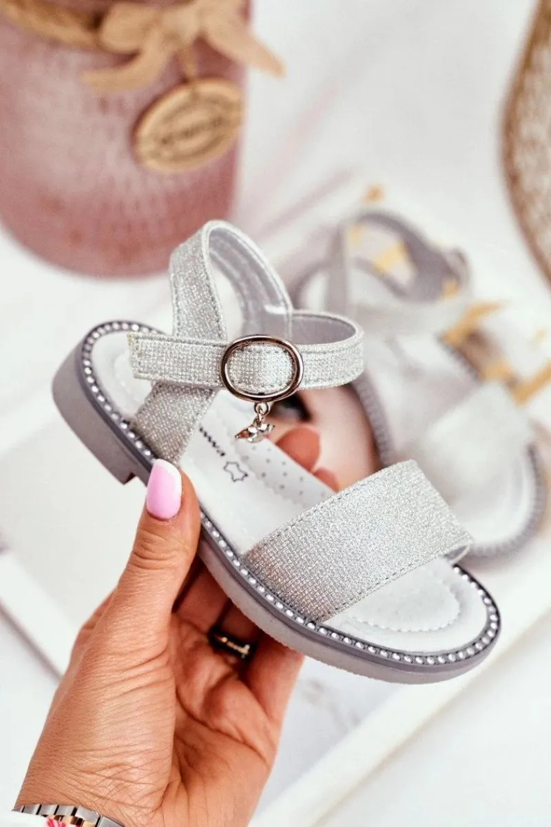 Dziewczęce>Boto Sandały Dziecięce na Rzepy Srebrne Brokat Verden