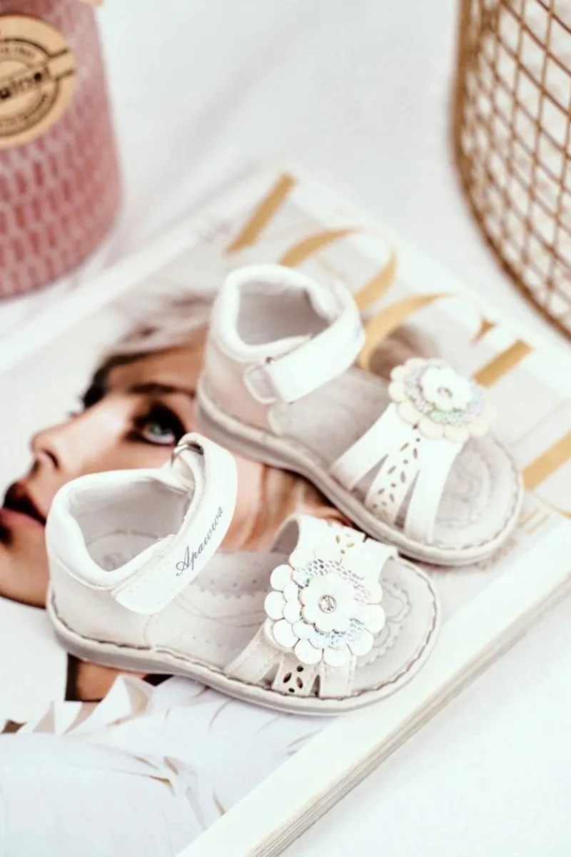 Dziewczęce>Boto Sandały Dziecięce na Rzepy Kwiatuszek Białe Mino