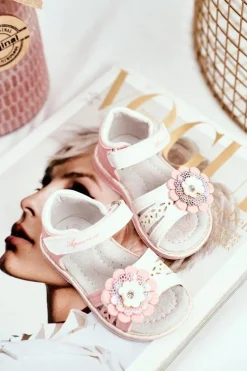 Boto Sandały Dziecięce na Rzepy Kwiatuszek Różowe Mino