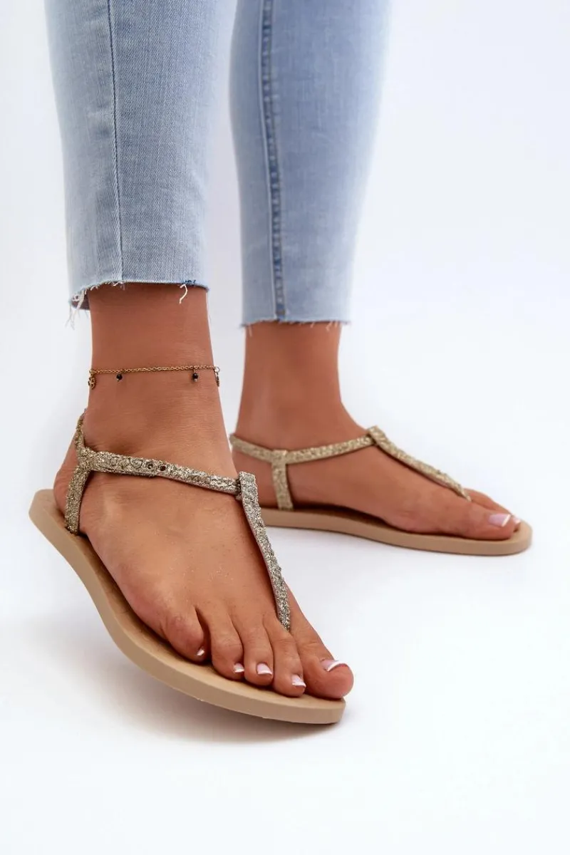 Sandały Japonki Z Brokatem Damskie 26914 Class Brilha Fem Złote Damskie Sandały Gumowe|Sandały Płaskie