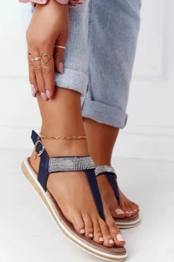 Sandały Płaskie>Damskie buty S.Barski Sandały Japonki Z Cyrkoniami S.Barski 701-12 Granatowe