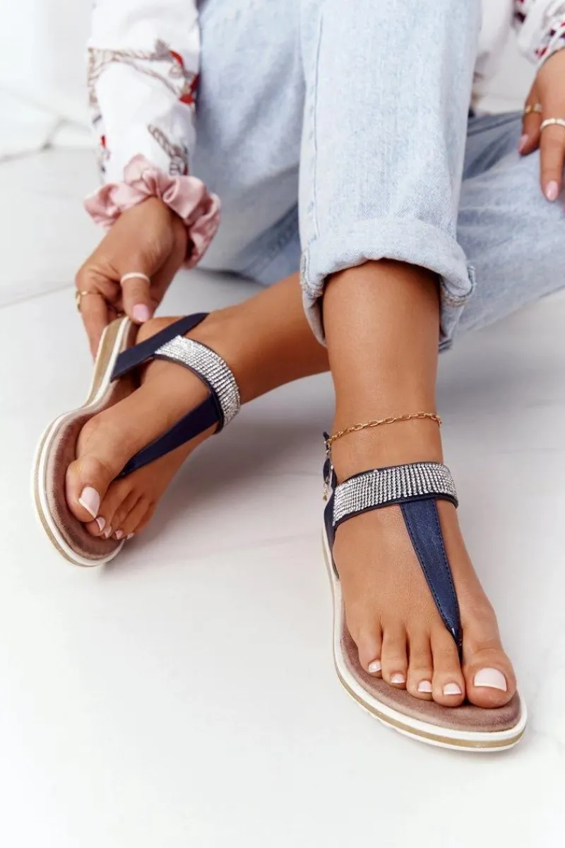 Sandały Płaskie>Damskie buty S.Barski Sandały Japonki Z Cyrkoniami S.Barski 701-12 Granatowe