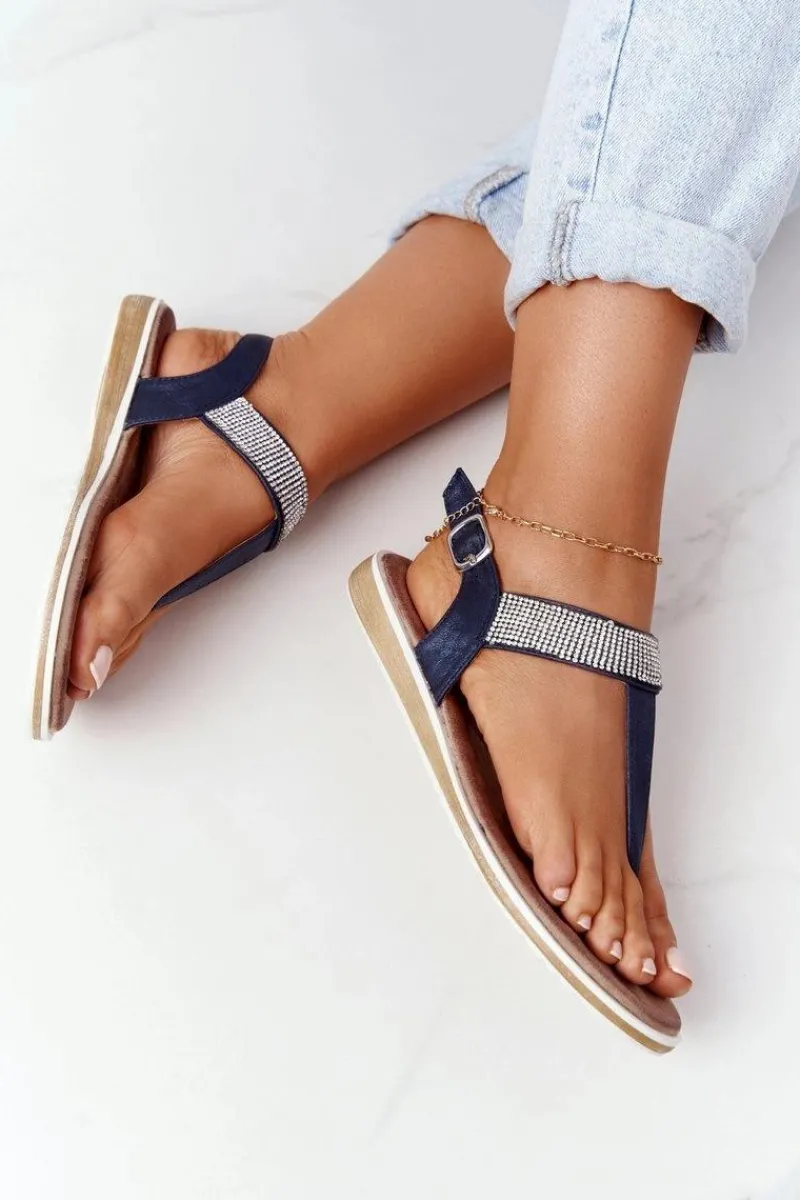 Sandały Płaskie>Damskie buty S.Barski Sandały Japonki Z Cyrkoniami S.Barski 701-12 Granatowe