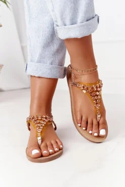 Hot Sandały Japonki Z Kamieniami Lu Boo Różowe Złoto Damskie Sandały Płaskie