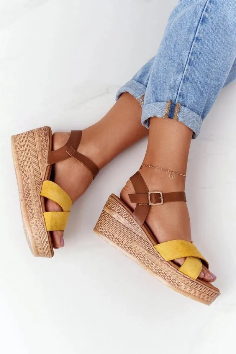 Sandały Na Koturnie>Damskie buty S.Barski Sandały Na Koturnie S.Barski GD-38 Żółte