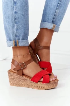 New Sandały Na Koturnie S.Barski GD-38 Czerwone Damskie Sandały Na Koturnie