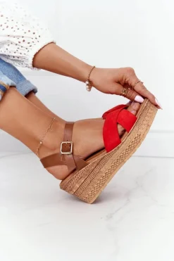 New Sandały Na Koturnie S.Barski GD-38 Czerwone Damskie Sandały Na Koturnie