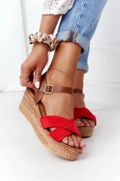 New Sandały Na Koturnie S.Barski GD-38 Czerwone Damskie Sandały Na Koturnie