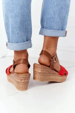 New Sandały Na Koturnie S.Barski GD-38 Czerwone Damskie Sandały Na Koturnie