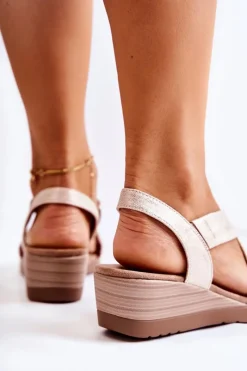 New Sandały Na Koturnie S.Barski BZY1A Beżowo-Złote Damskie Sandały Na Koturnie