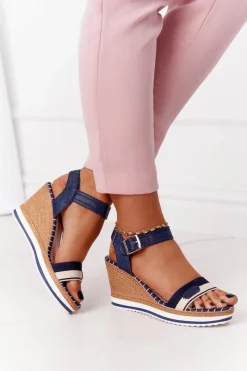 Boto Sandały Na Koturnie W Stylu Marynarskim Granatowe Tropical