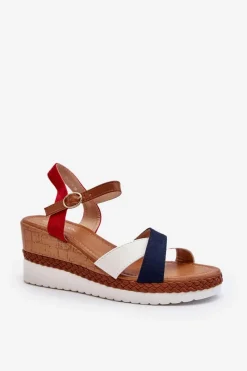 Best Boto Sandały Na Koturnie Z Paskami Biało-Granatowe Kioda