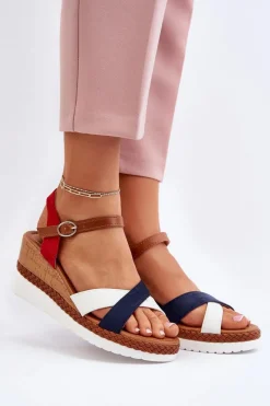 Best Boto Sandały Na Koturnie Z Paskami Biało-Granatowe Kioda