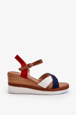 Best Boto Sandały Na Koturnie Z Paskami Biało-Granatowe Kioda