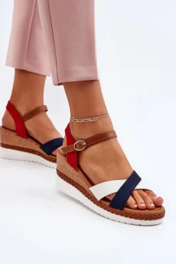 Best Boto Sandały Na Koturnie Z Paskami Biało-Granatowe Kioda