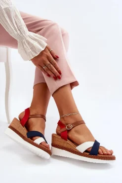 Best Boto Sandały Na Koturnie Z Paskami Biało-Granatowe Kioda