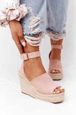 Boto Sandały Na Koturnie Z Plecionką Jasnoróżowe Makenna