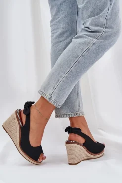 Best Sandały Na Koturnie Z Plecionką Czarne Nanalis Damskie Sandały Na Obcasie|Sandały Na Koturnie