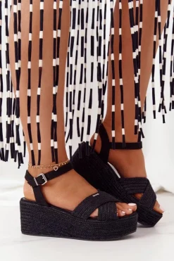 Discount Sandały Na Koturnie Z Plecionką Big Star FF274762 Czarne Damskie Sandały Big Star|Sandały Na Koturnie
