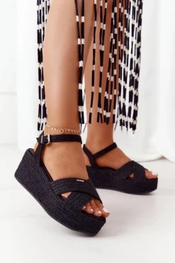 Discount Sandały Na Koturnie Z Plecionką Big Star FF274762 Czarne Damskie Sandały Big Star|Sandały Na Koturnie